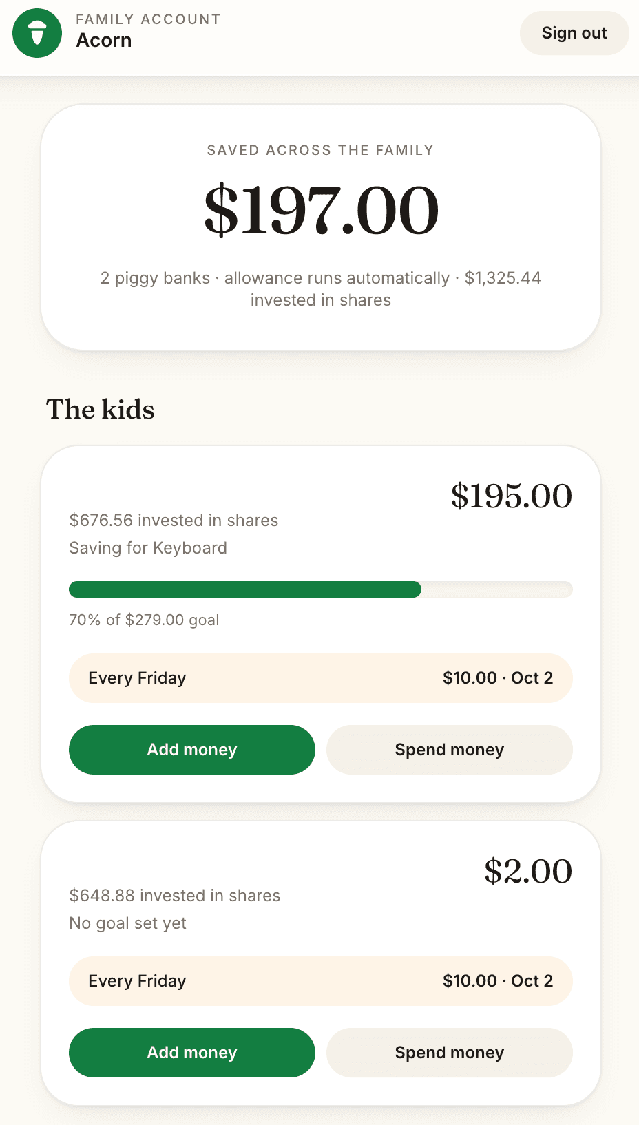 Acorn's family view: $197 saved across the family, two piggy banks with automatic allowance and $1,325.44 invested in shares, and a card per child showing their balance, investments, savings goal and weekly allowance. Children's names removed.