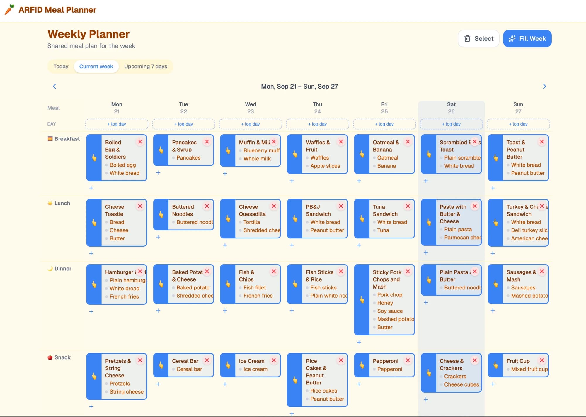 The ARFID Planner weekly planner: breakfast, lunch, dinner and snacks for each day from Monday to Sunday, with each meal listing the safe foods it's made from