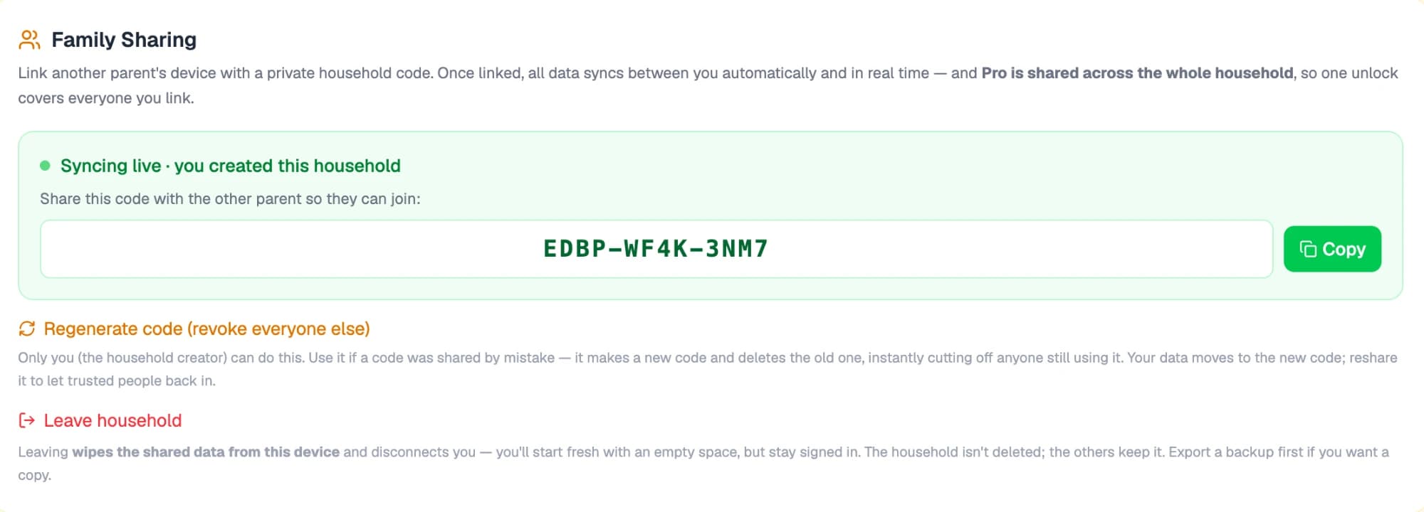 ARFID Planner's Family Sharing settings: a live-syncing household code with options to copy it, regenerate it to revoke everyone else, or leave the household