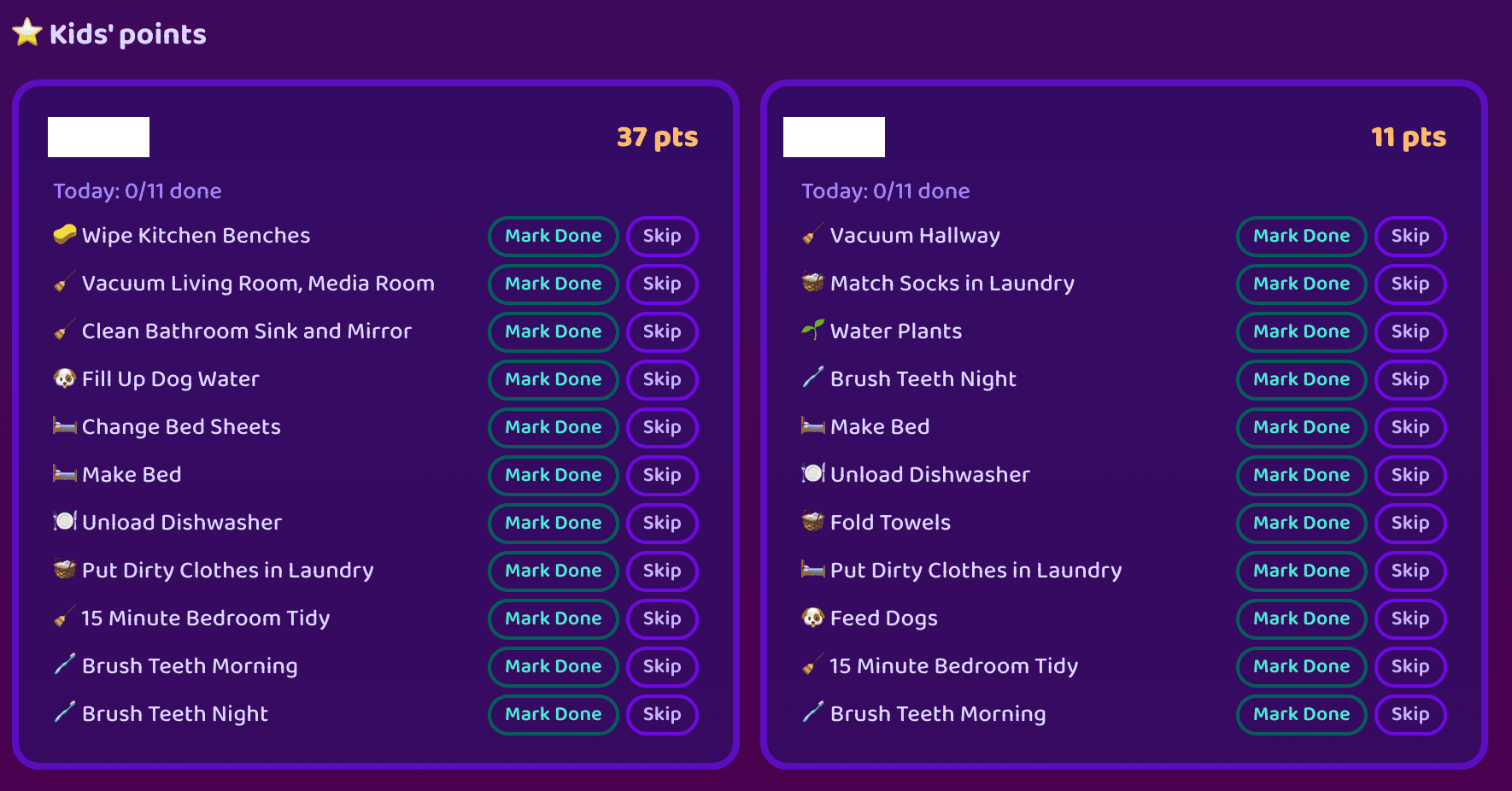Kids' points: each child's points total and today's chores, with Mark Done and Skip buttons beside every chore