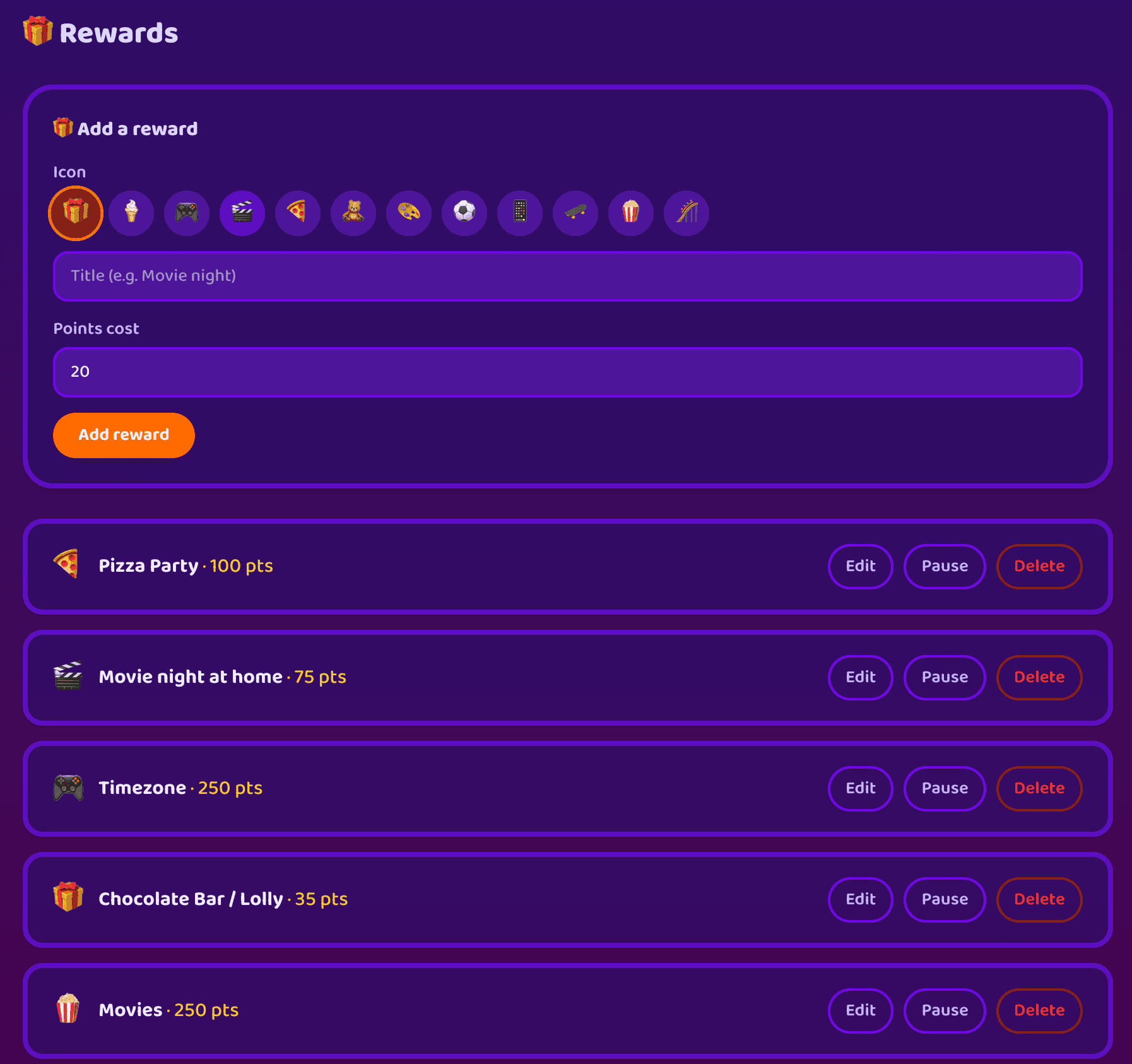 The Rewards page: a form to add a reward with an icon and points cost, above a catalog including Pizza Party, Movie night at home and Chocolate Bar / Lolly