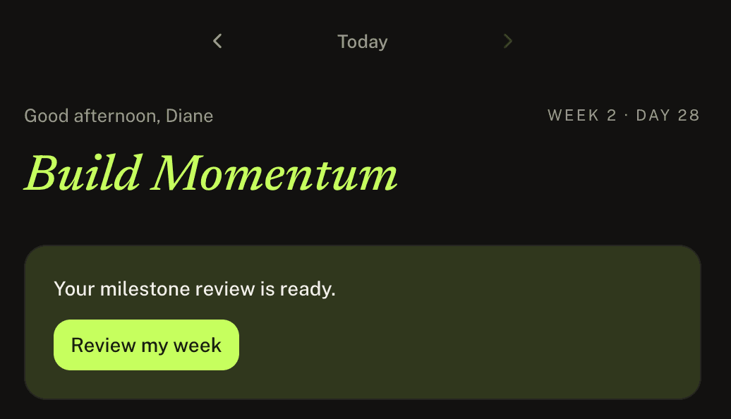 Milestone's Today screen: “Good afternoon, Diane”, the current phase “Build Momentum”, week and day counters, and a prompt that the milestone review is ready