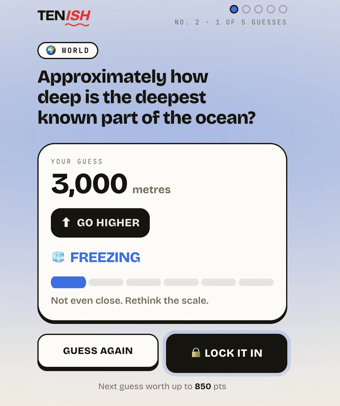 A Tenish question: “Approximately how deep is the deepest known part of the ocean?” with a guess of 3,000 metres, a Go higher hint and a Freezing rating